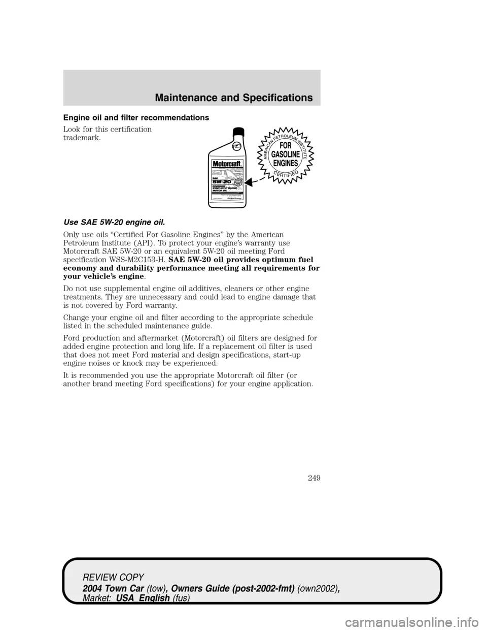 owner's manual oil specification